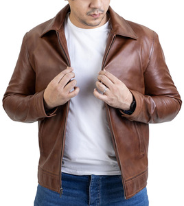 Genuine Coated <b>Stand</b> Collar Hooded Vintage Style Distressed Faded Real Cowhide Leather Jacket with Front Logo for Men - Product Image 1