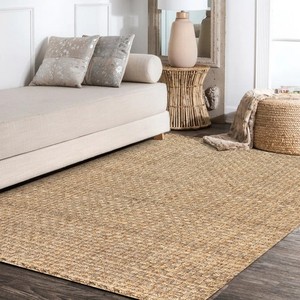 Tapis rectangulaire en jute fait main, tissage plat, couleur unie, style farmhouse, pour salon, nettoyage facile, poils fins - Product Image 2