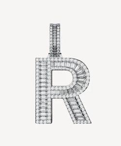 R Letter Pendant Charm Rhodium Plated Alloy Emerald Cut Diamond Channel Setting Hiphop Style Unisex Gift - Product Image 1