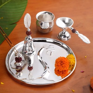 <b>Decorative</b> Brass Pooja Thali Set Designer Finish Puja <b>Plate</b> with Diya Bell Kalash Home Temple Decor Festive Gift - Product Image 4