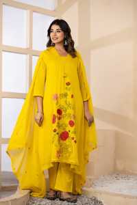 Designer Yellow Mul Cotton <b>Kurta</b> Pant Dupatta Set with Floral Embroidery for <b>Women</b> - Product Image 2