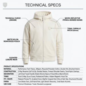 Sudadera con capucha de forro polar técnico personalizada para hombre, con cremallera completa, 260GSM, estilo urbano premium, corte arquitectónico, sudadera Heritage OEM para Off-White - Product Image 5