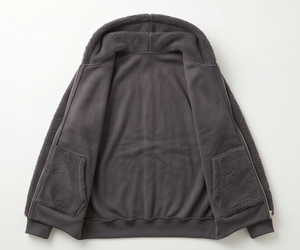 Veste à capuche en polaire gris foncé pour homme, fermeture éclair, vêtement d'hiver décontracté, coupe régulière, doublure en sherpa, matière en polyester tricoté - Product Image 3