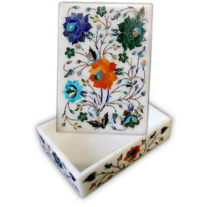 Joyero de mármol blanco y negro con logotipo personalizado, trabajo con incrustaciones de cerámica con piedras semipreciosas y nácar para embalaje - Product Image 1