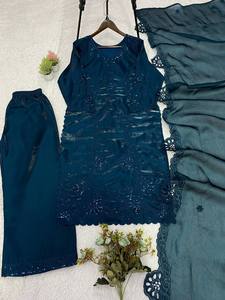 Ensemble Kurti Palazzo brodé en verre romain pour femme, style pakistanais, avec dupatta JMY Choo et travail de découpe à sequins, idéal pour les fêtes - Product Image 3