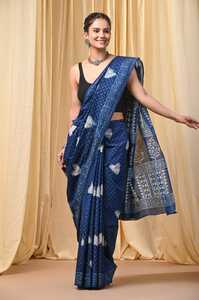 Sari de Algodón Mulmul de Diseño con Estampado Tradicional, Saris Indios al por Mayor, Sari de Algodón Mulmul Suave con Blusa a Juego - Product Image 3