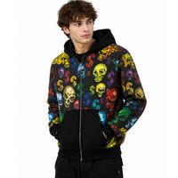 Sweat à capuche zippé personnalisé pour homme, imprimé crâne multicolore, style streetwear, noir, décontracté, fabricant et fournisseur
