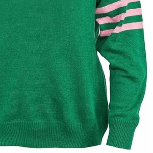 เสื้อสเวตเตอร์คอวีสีเขียวสำหรับผู้หญิง แต่งขอบสีชมพูและแถบลายที่แขนเสื้อ แบบลำลองถักนิตติ้งแขนยาว สไตล์คอลลาจ - Product Image 5