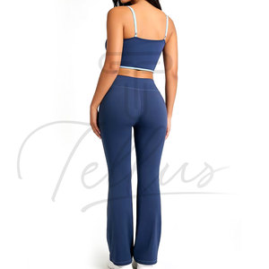 Women 2 Piece Yoga Set Blue <b>Crop</b> <b>Top</b> With Contrast Binding High Waist Flared Leggings Activewear Fitness Yoga Sets - Product Image 3