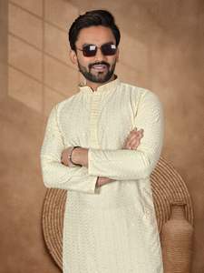 Ensemble Kurta Pajama en Rayonne Brodé Chikankari pour Hommes – Vêtement Ethnique Indien Traditionnel pour Mariage et Fêtes - Product Image 4