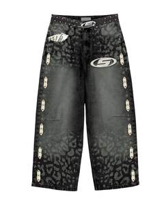 Pantalon en jean personnalisé orné de strass, effet vieilli, délavage vintage, design patchwork, tissu respirant, coupe ajustée, taille confortable - Product Image 1