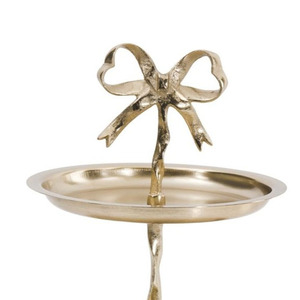Charming Two <b>Tier</b> Golden <b>Cake</b> Stand Featuring Smooth Circular Trays And A Unique Central Stem Topped With A Bow For Serving - Product Image 3