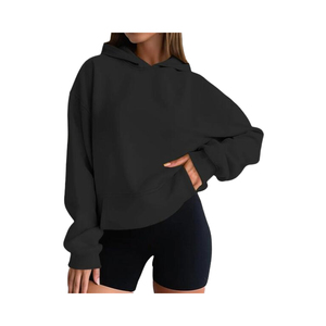 Women's Oversized Hooded <b>Sweatshirt</b> Solid Color Cotton Knitted Full Sleeve Breathable Casual Streetwear Short Length Pullover - Product Image 1