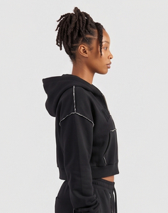Women's Winter Wear Crop Hoodie Outer <b>Distressed</b> Fleece Cotton Zipper Hood Ladies Customized Front Chenille Embroidery Crop <b>Top</b> - Product Image 3