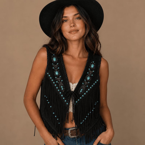 Chaleco de Motocicleta de Cuero Genuino Estilo Western para Mujer, con Relleno de Algodón, Resistente al Viento y Transpirable, Cuello en V, Color Turquesa - Product Image 1