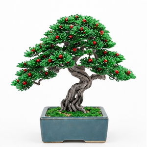 Arbre Bonsaï Artificiel en Gros, Sculpture en Fil Métallique Faite à la Main avec Feuilles Vertes et Baies Rouges pour la Décoration Intérieure - Product Image 1