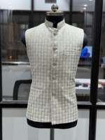 Gilet Nehru en Laine/Soie Jacquard Respirant et à Séchage Rapide de Qualité Supérieure pour Homme – Tenue de Mariage Indienne/Pakistanaise d'Été – Gilet Ethnique de Créateur