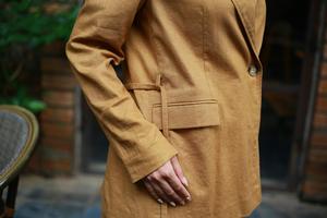 Autumn Women's Thin Ramie Slouch <b>Tie</b> Jackets Plaid Pattern Woven Cotton Front Flap Button Decoration Side Pockets for Winter - Product Image 5