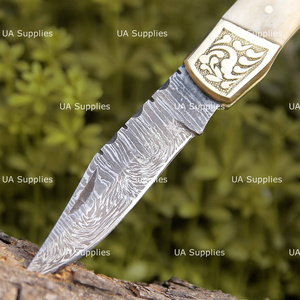 Custom Handmade Hunting Damascus Steel Straight Back Lock Folding <b>Knife</b> Leather Sheath Camel <b>Bone</b> <b>Handle</b> Brass Engraved Accents - Product Image 5