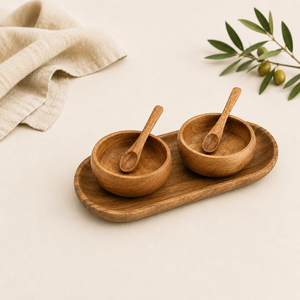 Premium Handcrafted Acacia Wood <b>Condiment</b> Serving Set Eco-Friendly 3-Bowl Wooden <b>Tray</b> with Matching Spoons for Snacks and Dips - Product Image 4
