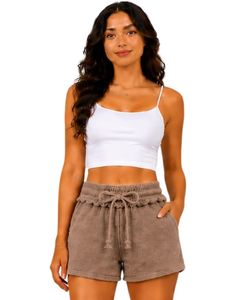 Taupe Brown Women <b>Drawstring</b> Cotton Terry Shorts Elastic Waist Casual Summer Lounge Wear Soft Pocket Mini Shorts Custom Fashion - Product Image 1
