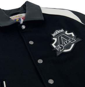 Avirex Men Black Varsity <b>Jacket</b> Woolen Body <b>Leather</b> Sleeves Embroidered Logo Front Single Breasted Regular Fit Turn-down Collar - Product Image 3