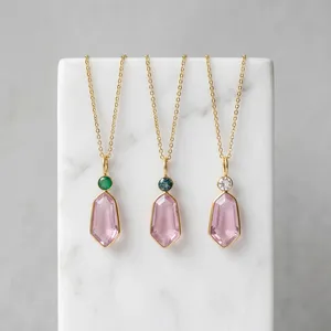 สร้อยคอจี้หินควอตซ์สีชมพูธรรมชาติประดับเพชรคิวบิกเซอร์โคเนียสำหรับผู้หญิง สายทองเหลืองชุบทองคำแท้ ดีไซน์สวยหรู - Product Image 1