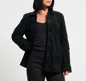 Chaqueta de ante marrón para mujer, estilo camionero, con cuello vuelto, manga larga y botonadura sencilla - Product Image 6