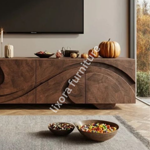 Luxury Handcrafted Solid Wood Media Console Ornate Abstract Wave Carving Walnut <b>TV</b> <b>Stand</b> Credenza - Product Image 4