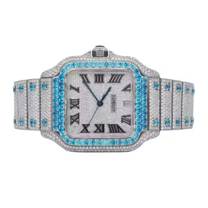 Reloj de Lujo con Incrustaciones de Moissanita VVS, Automático, Bisel Cuadrado con Diamantes Azules y Blancos, Números Romanos, Joyería Hip Hop - Product Image 1