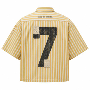 Chemise Y2K rayée jaune moutarde pour homme, coupe oversize, effet vieilli, motif numéro 7, manches courtes, style streetwear, boutonnée, vente en gros - Product Image 5