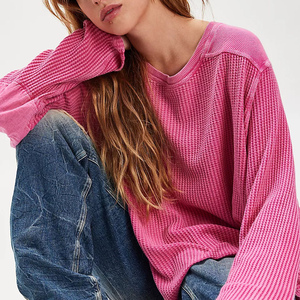 Camiseta térmica de punto gofrado para mujer, 100% algodón, transpirable, de ajuste holgado, talla grande, manga larga, con logo personalizado, color liso. - Product Image 3