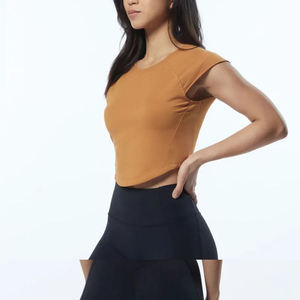 Women's Orange Crew Neck Drop Shoulder Crop <b>Top</b> Solid Color Regular Fit Casual Canvas Eco-Friendly Spring/Summer T-Shirt - Product Image 3