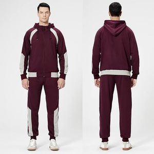 Survêtement bordeaux pour homme, manches longues, à capuche, fermeture éclair, vêtements de sport décontractés avec poches latérales, coupe classique, design bicolore, automne - Product Image 4