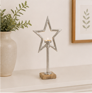 Elegant Silver Metal Star Tealight Candle Holder With Rustic Mango Wood Base Perfect For Christmas Holiday Decor And Minimalist - Product Image 6