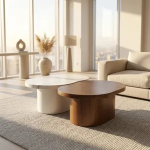 Juego de Mesas de Centro Ovaladas Modernas de Mármol y Madera, Diseño Minimalista, Mesas Encajables, Acabado Natural - Product Image 2