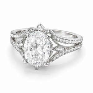 Anillo de compromiso de oro blanco macizo de 9K personalizado con diamante ovalado de laboratorio de 1, 2 o 3 quilates, diseño vintage de hoja con tallo dividido, joyería de boda - Product Image 3