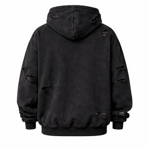 Sweat à capuche personnalisé pour homme, noir, 100% coton, surdimensionné, effet vieilli, brodé, épais, lavé, style streetwear, OEM ODM - Product Image 2