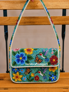 Sac à bandoulière luxueux fait main, tendance, professionnel, orné de perles florales en forme d'oiseau colibri pour femmes |   Sac à main brodé |   Logo personnalisé sécurisé - Product Image 1