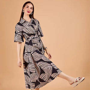Black geometric Print fit & flare <b>dress</b> <b>Shirt</b> collar Midi length in flared hem Cotton fabric Floral Print Formal V-Neck <b>Dress</b> - Product Image 1