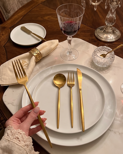 Gold Plated Cutlery Set Round Flatware <b>Dinnerware</b> Kit for Wedding Party Use Dishwasher Safe Durable Metal Handmade - Product Image 1