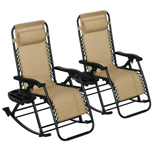 Conjunto de 2 Sillas Mecedoras Beige Contemporáneas con Reposabrazos Plegables, Portavasos y Soporte para Teléfono para Uso en Exteriores - Product Image 1