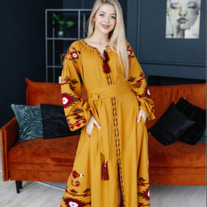 Vestido Ucraniano de Diseñador, Hecho a Mano, Largo hasta el Suelo, con Cintura Natural, Ecológico, Tejido Bordado en Color Sólido Único - Product Image 1