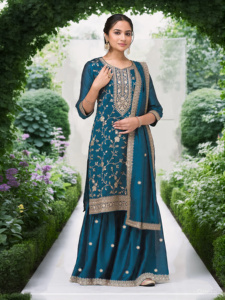 Presentamos un conjunto de salwar kameez de diseño personalizado y cómodo, con tela de seda Vichitra de alta calidad y gran volumen, y dupatta. - Product Image 5