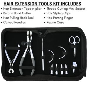 Hair Extension Tool Kit Parting Finger Styling Clip Curved Needle Thread Cutting Mini Scissor Hook Bond <b>Cutter</b> Plier Rexine Case - Product Image 2