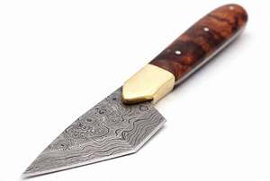 Handcrafted Raindrop Damascus Steel Precision <b>Craft</b> Utility <b>Knife</b> Burl Wood Handle Brass Bolster Leather Sheath - Product Image 4