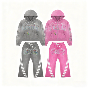 Conjunto de Dos Piezas con Apliques y Bordados Personalizados, Sudadera con Capucha de Algodón Grueso Lavado con Efecto Desgastado y Pantalones Deportivos de Doble Cintura - Product Image 4