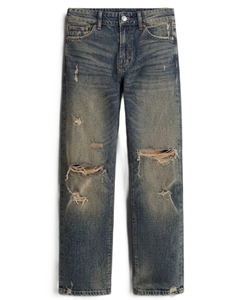 Jean en denim déchiré taille haute pour homme, coupe droite, style hip-hop, en coton lavé, respirant et confortable - Product Image 3