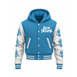 Chaqueta Varsity con Diseño Nuevo y Estampado de Dólares - Chaqueta Bomber con Capucha Azul y Blanca para Moda Urbana y Hip Hop - Product Image 1