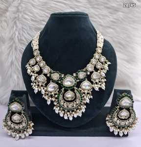 Luxury Meenakari Kundan Bridal Jewelry Set Emerald Green Meena Work <b>Necklace</b> Multi Strand Pearl Back Choker with <b>Statement</b> Earri - Product Image 5